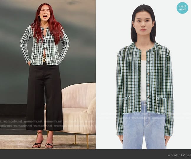 Bottega Veneta Checked Round Neck Cardigan worn by Dua Lipa on The Drew Barrymore Show