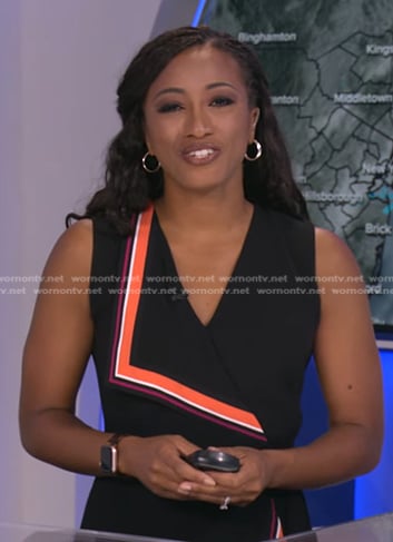 Brittany Bell's black stripe-trim wrap dress on Good Morning America