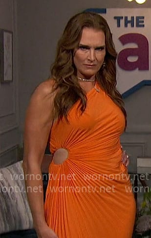 Brooke Shields' orange one-shoulder pleated dress on The Talk