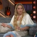 Brynn Cartelli's white feather trim cape and dress on The Kelly Clarkson Show