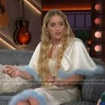 Brynn Cartelli’s white feather trim cape and dress on The Kelly Clarkson Show