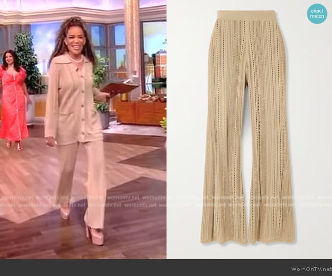 By Malene Birger Kiraz pointelle-knit cotton-blend wide-leg pants worn by Sunny Hostin on The View