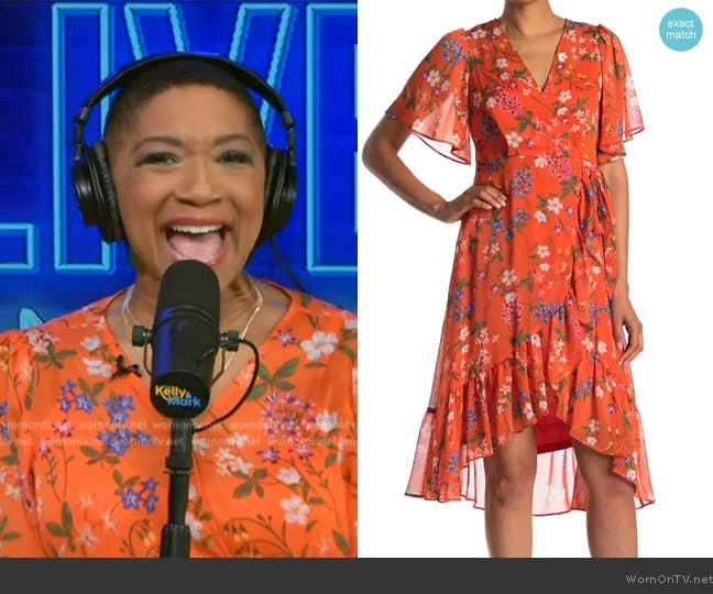 Calvin Klein Floral Chiffon Short Sleeve Mock Wrap Midi Dress worn by Deja Vu on Live with Kelly and Mark