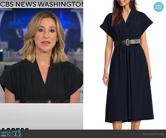 Calvin Klein Short Sleeve V-Neck Belted Belted Midi Dress worn by Caitlin Huey-Burns on CBS Mornings