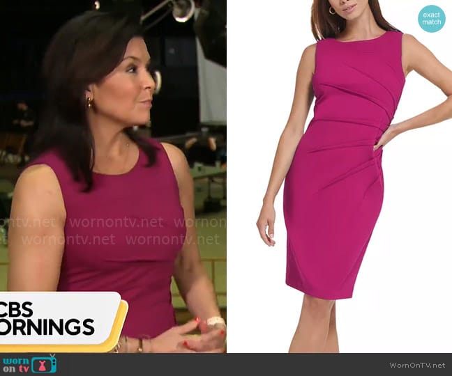 Calvin Klein Starburst Sheath Dress in Boysenberry worn by Meg Oliver on CBS Mornings