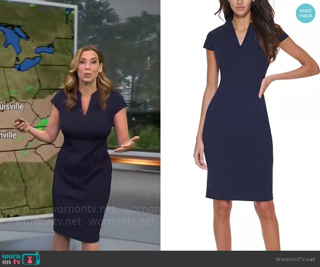 Calvin Klein V-Neck Cap Sleeve Sheath Dress in Indigo worn by Stephanie Abrams on CBS Mornings