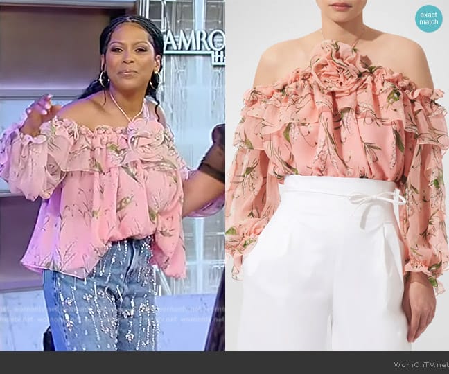 Carolina Herrera Ruffled appliquéd floral-print georgette halterneck blouse worn by Tamron Hall on Tamron Hall Show