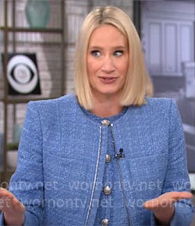 Caroline Polisi’s blue tweed jacket and dress on CBS Mornings