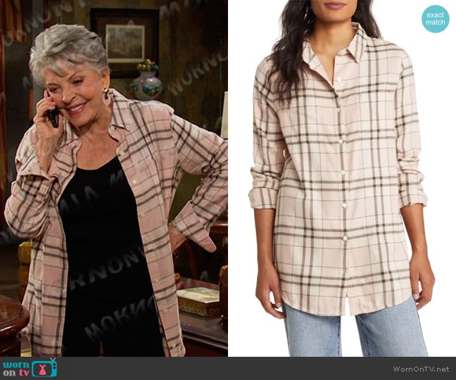 Caslon Plaid Tunic Shirt in Pink Smoke- Olive Eryn Plaid worn by Julie Olson Williams (Susan Seaforth Hayes) on Days of our Lives