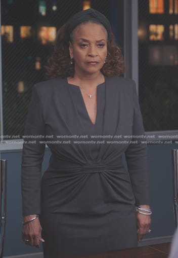 Catherine's grey gathered waist sheath dress on Greys Anatomy