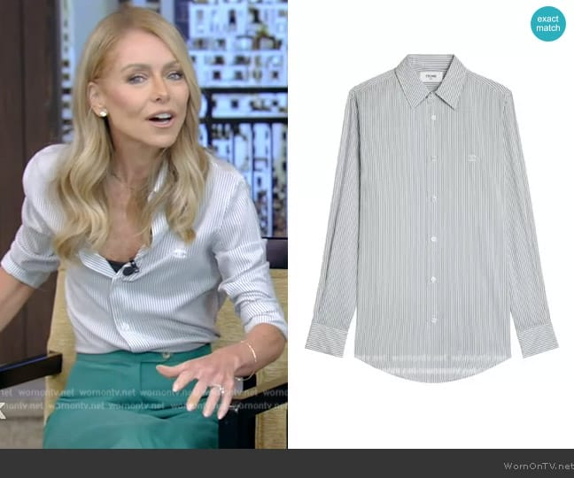 Celine Romy shirt in striped silk worn by Kelly Ripa on Live with Kelly and Mark