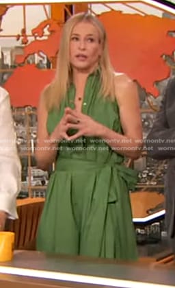 Chelsea Handler’s green sleeveless shirtdress on The Drew Barrymore Show