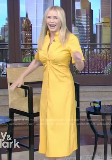 Chelsea Handler’s orange gathered shirtdress on Live with Kelly and Mark