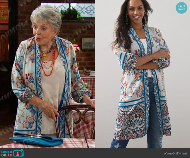 Chico's Barrel Sleeve Floral Print Duster worn by Julie Olson Williams (Susan Seaforth Hayes) on Days of our Lives