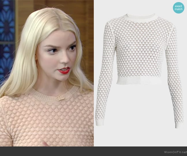 Chloe Pointelle Knit Cropped Crew Neck Sweater worn by Anya Taylor-Joy on Live with Kelly and Mark