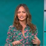 Chrissy Teigen’s green floral button down shirt on CBS Mornings