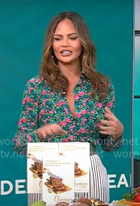 Chrissy Teigen’s green floral button down shirt on CBS Mornings