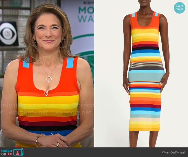 Christopher John Rogers Striped Scoop-Neck Midi Tank Dress worn by Jill Schlesinger on CBS Mornings