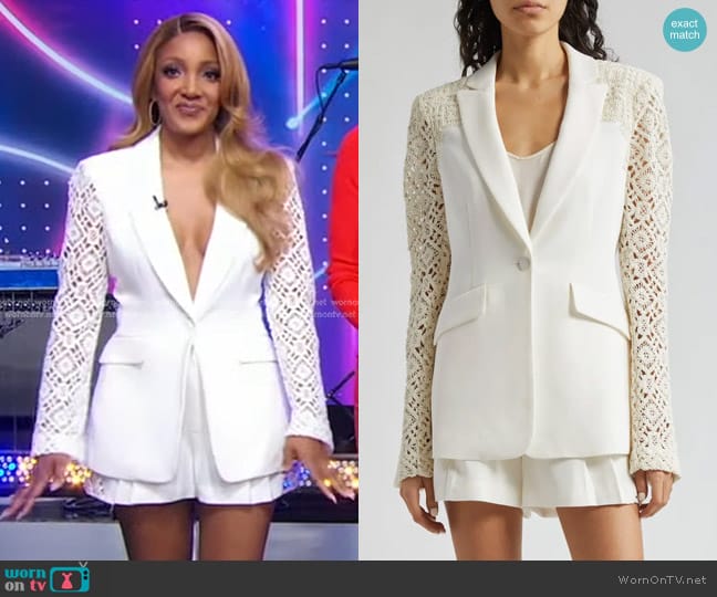 Cinq a Sept Cheyenne Knit Sleeve Blazer and Corinna Shorts worn by Mickey Guyton on Good Morning America