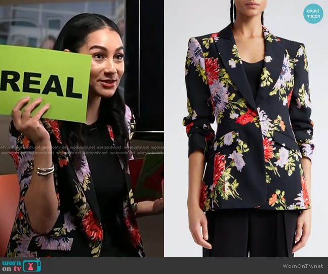 Cinq a Sept Cheyenne Ruched Sleeve One-Button Blazer worn by Morgan Radford on NBC News Daily