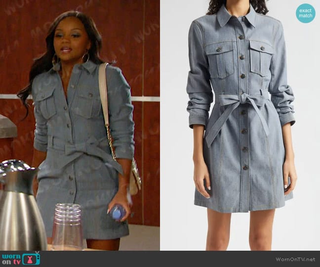 Cinq a Sept Clea Belted Denim Shirtdress in Light Indigo worn by Chanel Dupree (Raven Bowens) on Days of our Lives