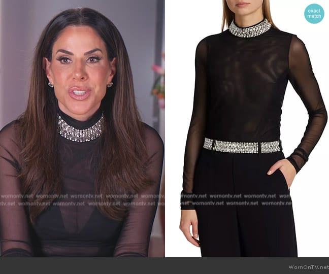 Cinq a Sept Embellished Shirred Mesh Turtleneck Top worn by Jen Fessler on The Real Housewives of New Jersey