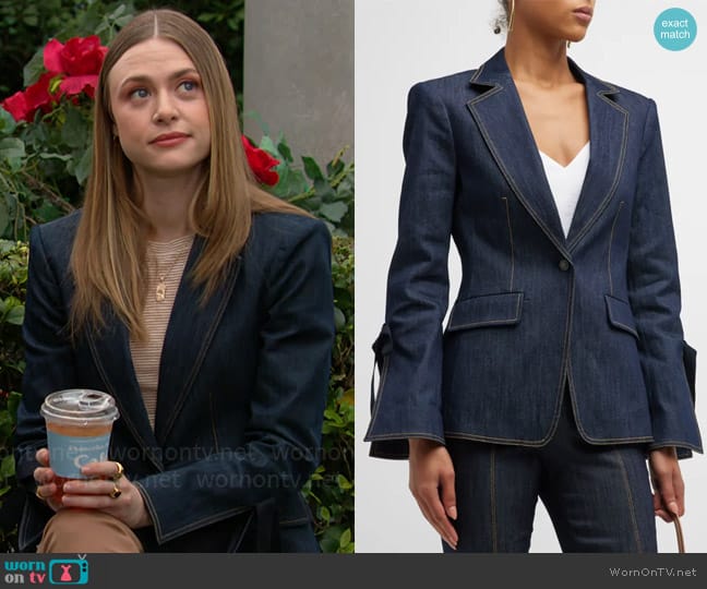 Cinq a Sept Lou Tie-Cuff Topstitched Denim Blazer worn by Claire Grace (Hayley Erin) on The Young and the Restless