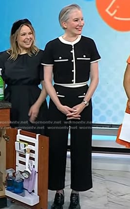 Clea Shearer's black contrast trim cropped jacket and pants on Today