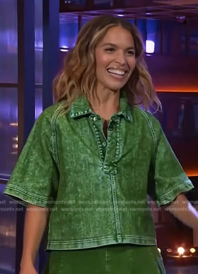 Cleo Wade's green denim polo and skirt on The Kelly Clarkson Show