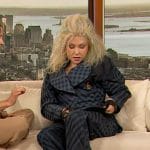 Cyndi Lauper’s blue check print jacket and pants on The Drew Barrymore Show