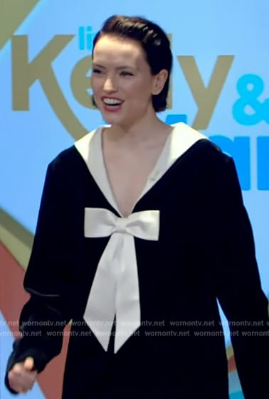 Daisy Ridley’s black contrast tie neck dress on Live with Kelly and Mark