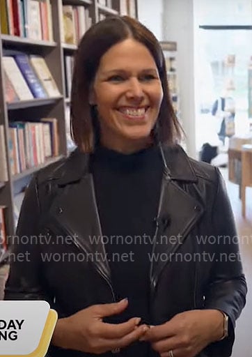 Dana Jacobson’s black leather moto jacket on CBS Mornings