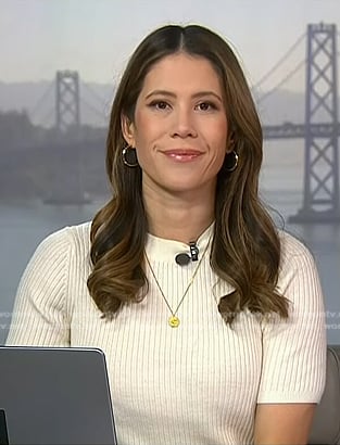 Deirdre’s white ribbed short sleeve top on NBC News Daily