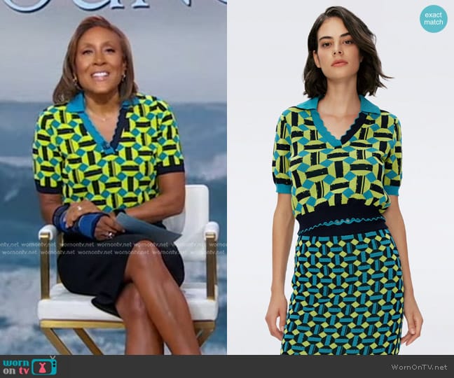 Diane von Furstenberg Hannah Knit Jacquard Top in Huge Square Dot  worn by Robin Roberts on Good Morning America