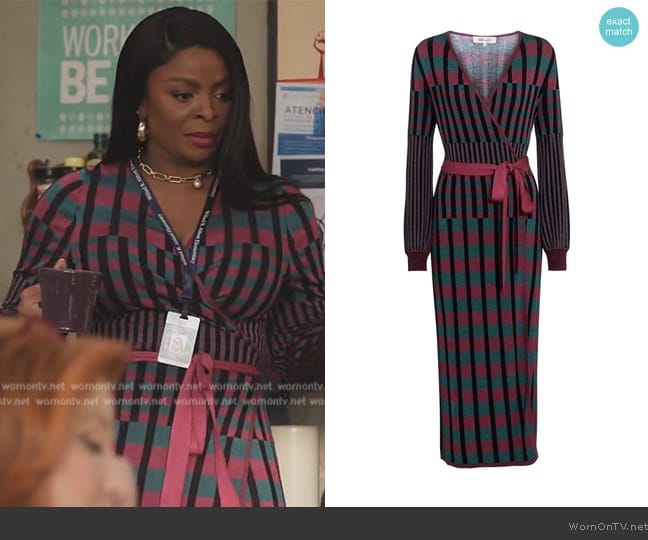 Diane Von Furstenberg Tracy Checked Ribbed-knit Midi Wrap Dress In Grape Purple Green Gingham worn by Ava Coleman (Janelle James) on Abbott Elementary