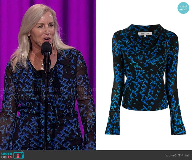 Diane von Furstenberg Mackenzie Top in Folded Chain Blue worn by Karen Morgan on The Talk