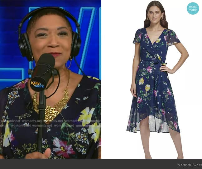 DKNY Floral-Print Flutter-Sleeve Asymmetrical Faux-Wrap Dress worn by Deja Vu on Live with Kelly and Mark