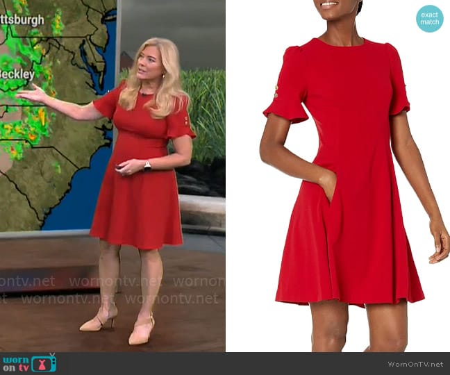 DKNY Flounce Sleeve Fit and Flare Dress in Scarlet worn by Kelly Cass on CBS Mornings