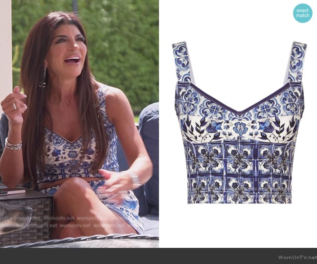 Dolce & Gabbana Majolica-print corset top worn by Teresa Giudice on The Real Housewives of New Jersey