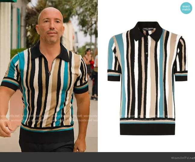 Dolce & Gabbana Vertical-stripe short-sleeve polo shirt worn by Jason Oppenheim (Jason Oppenheim) on Selling the OC