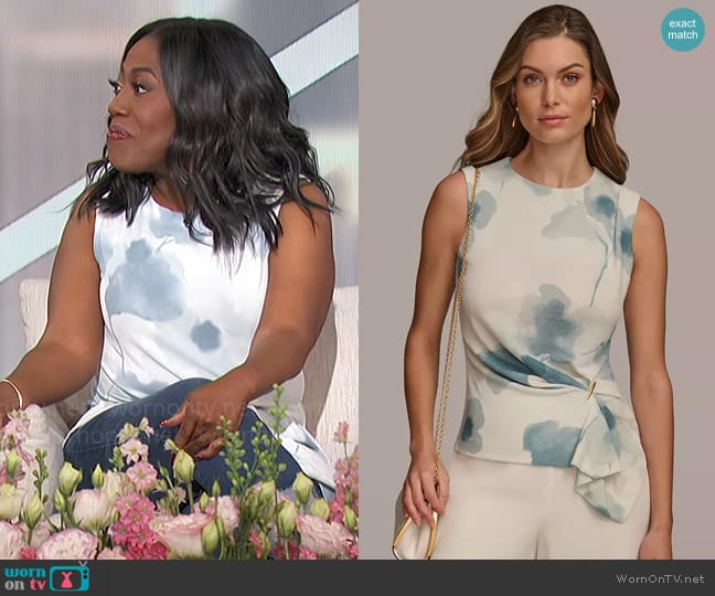 Donna Karan Sleeveless Draped-Hem Printed Top in Blue Frost Multi worn by Sheryl Underwood on The Talk