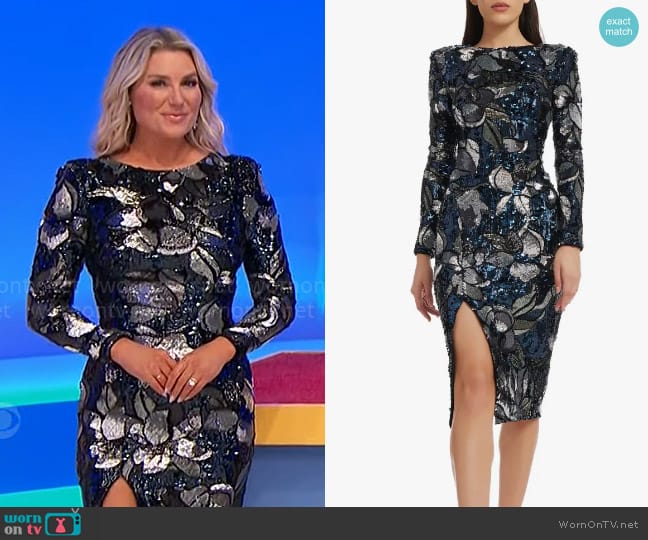 Dress the Population Natalie Dress in Navy Multi worn by Rachel Reynolds on The Price is Right