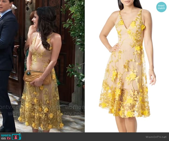 Dress the Population Audrey Embroidered Fit & Flare Dress in Canary worn by Sam McCall (Kelly Monaco) on General Hospital