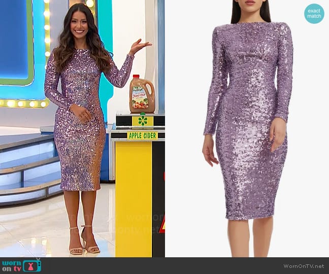 Dress the Population Emery Dress in Lavender Multi worn by Manuela Arbeláez on The Price is Right