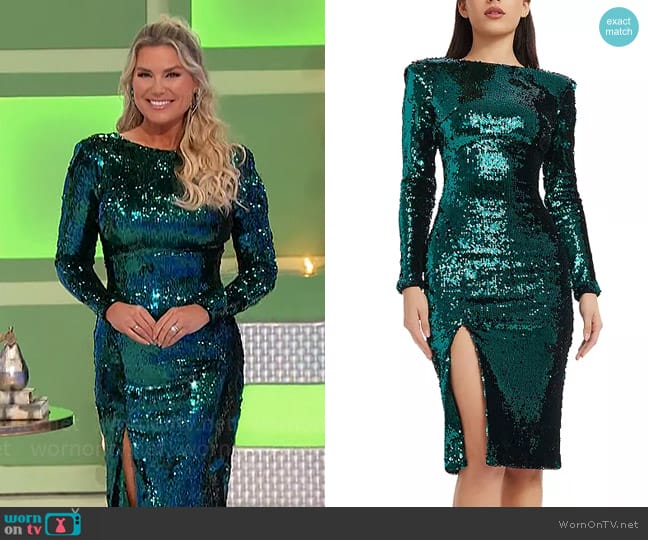 Dress the Population Natalie Sequin Dress in Deep Emerald worn by Rachel Reynolds on The Price is Right