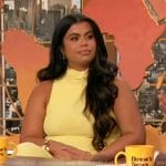Drew Afualo's yellow sleeveless ruched dress on The Drew Barrymore Show