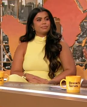 Drew Afualo's yellow sleeveless ruched dress on The Drew Barrymore Show