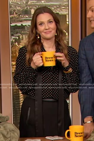 Drew's black polka dot tie neck blouse on The Drew Barrymore Show