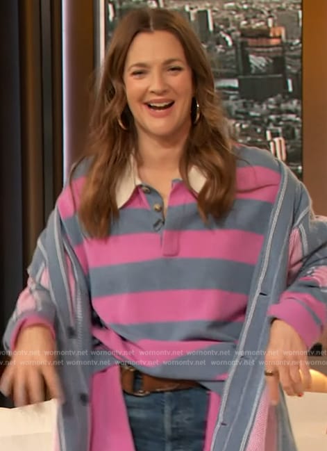 Drew's blue stripe jersey top on The Drew Barrymore Show