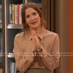 Drew’s beige folded cuff blouse and check pencil skirt on The Drew Barrymore Show